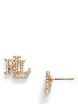 Lauren Ralph Lauren Faux Pearl Logo Stud Earrings, Gold - view 2, Yellow Gold