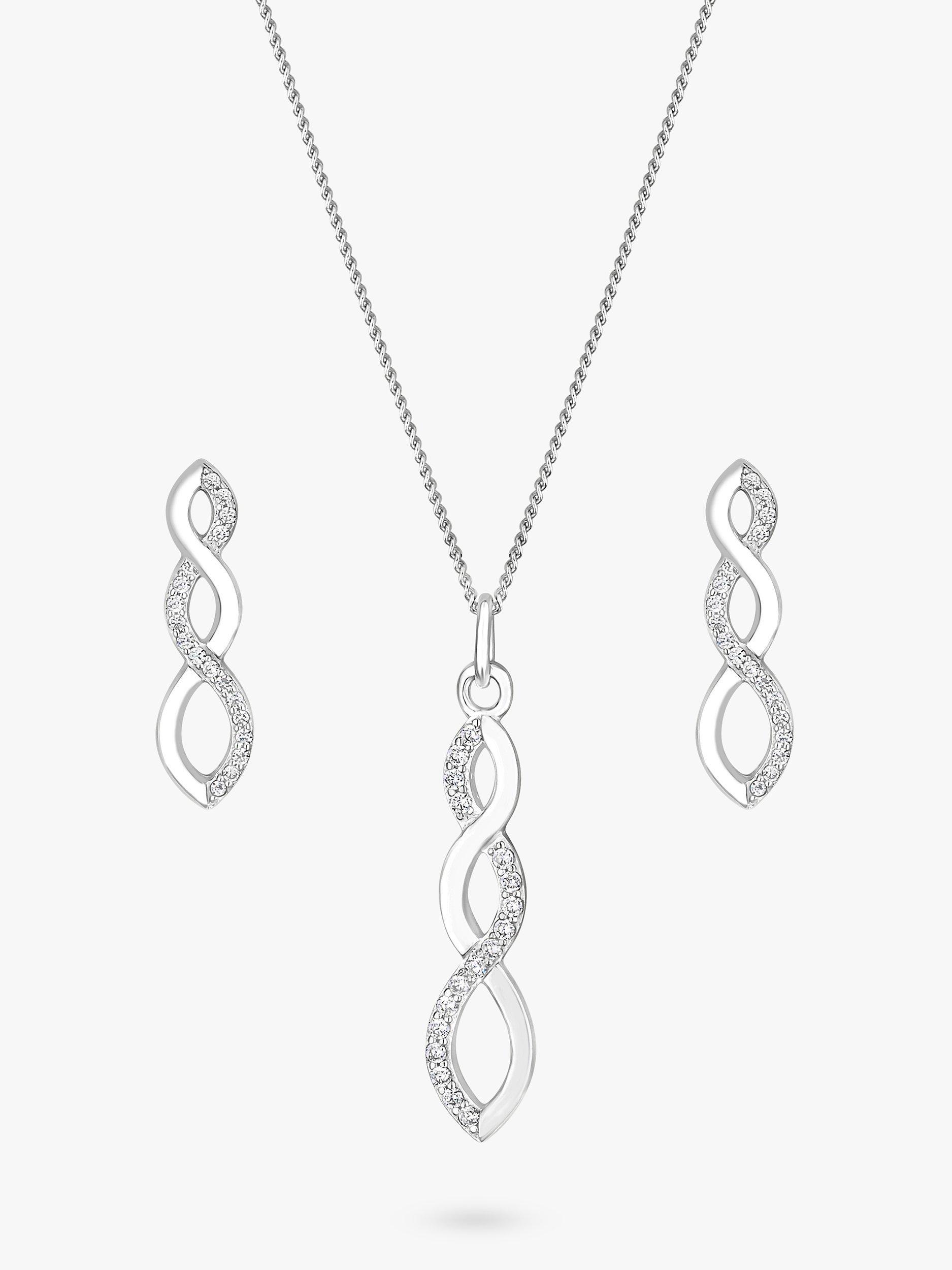 Simply Silver Sterling Silver 925 Cubic Zirconia Infinity Pendant Necklace & Stud Earrings Jewellery Set, Silver