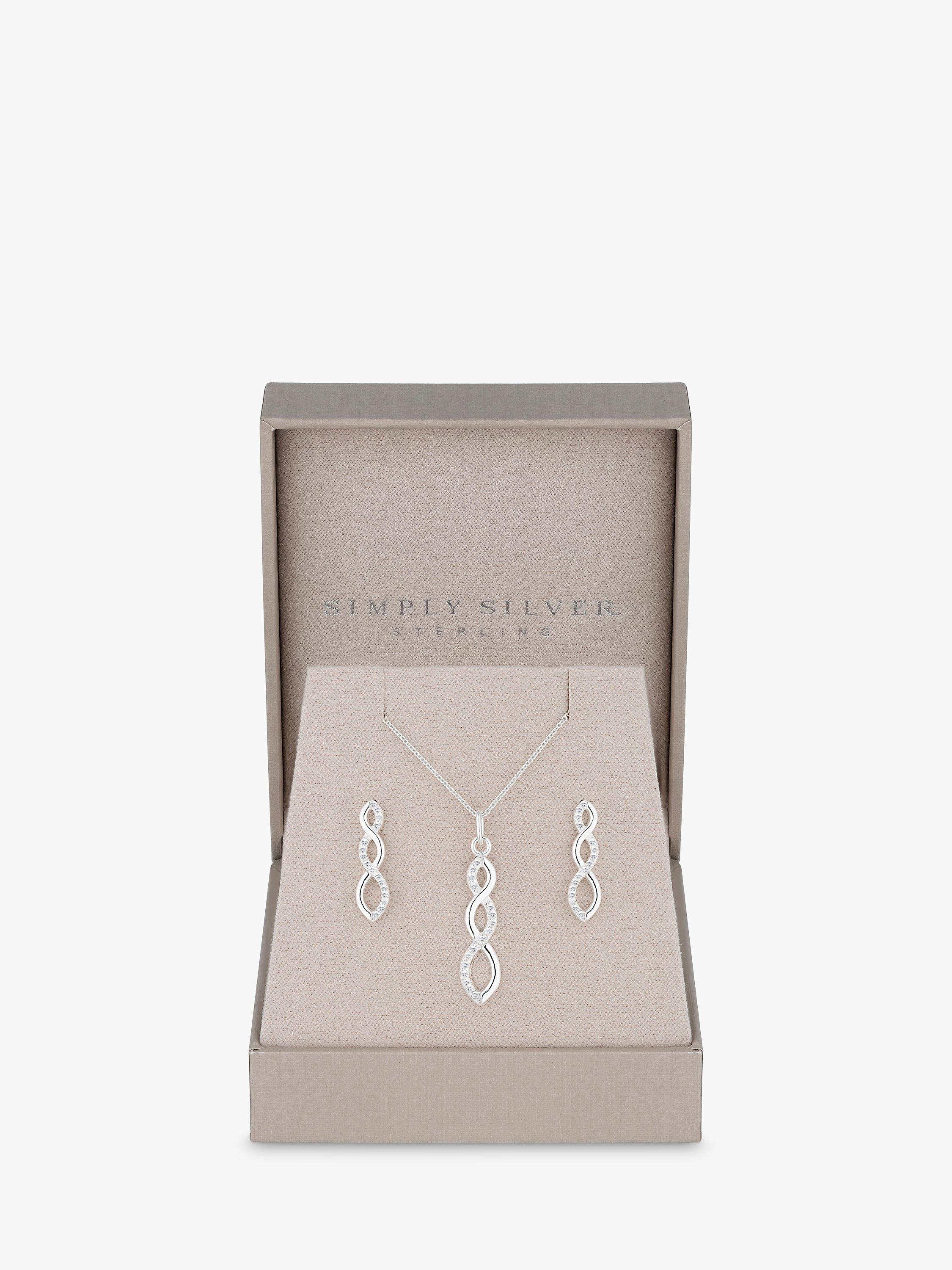 Simply Silver Sterling Silver 925 Cubic Zirconia Infinity Pendant Necklace & Stud Earrings Jewellery Set, Silver