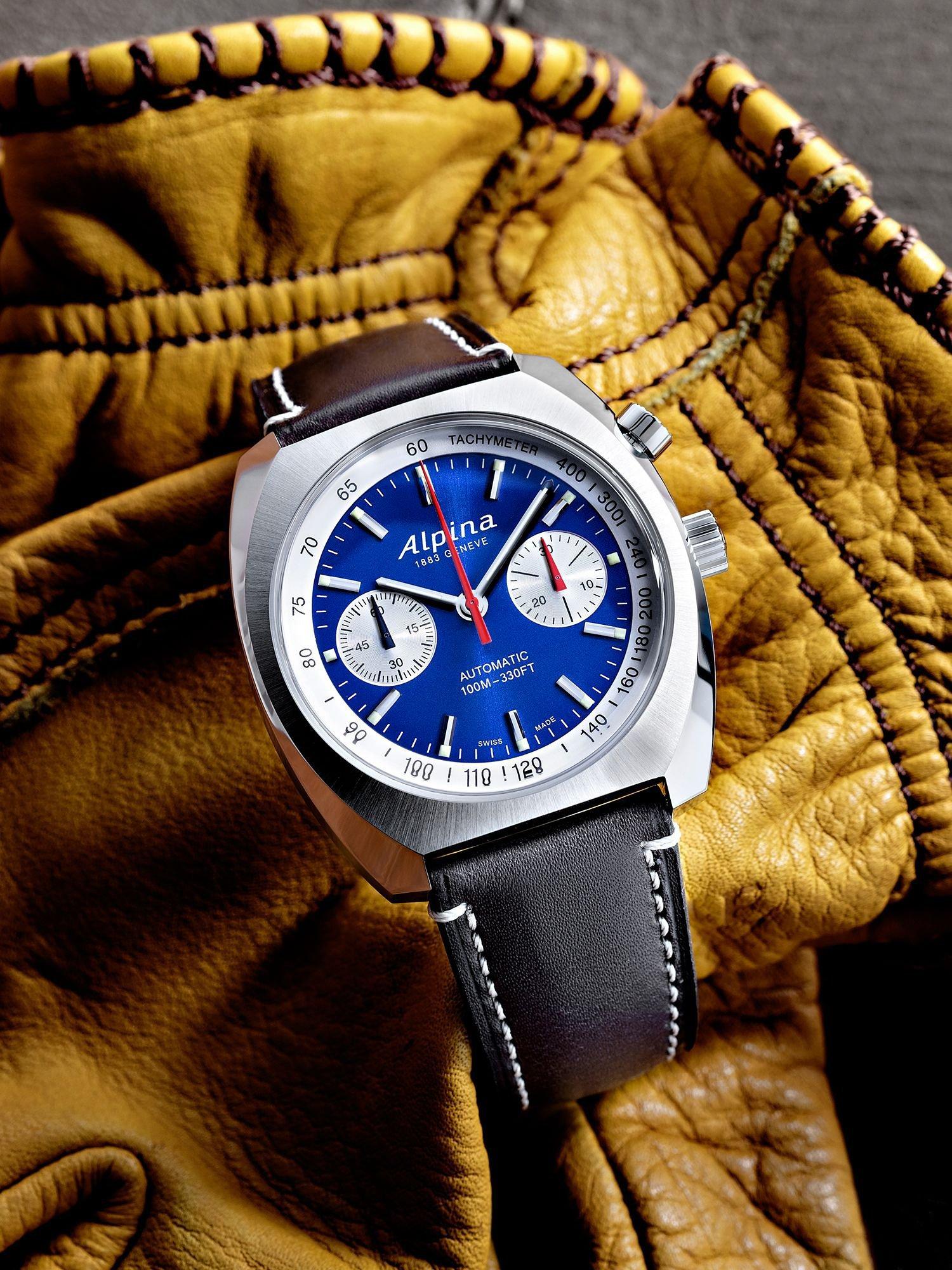 Alpina AL 727LNS4H6 Unisex Startimer Pilot Heritage Chronograph Automatic Leather Strap Watch Brown Blue