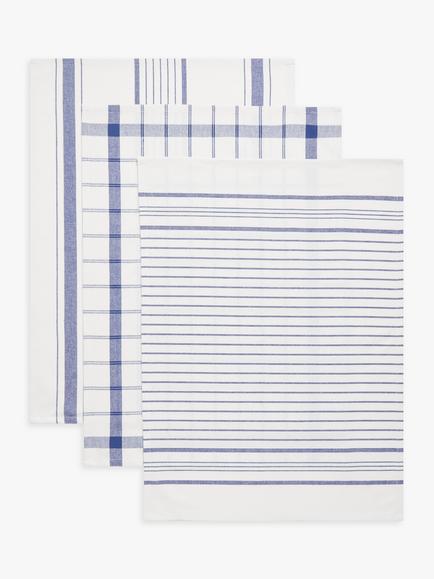 John Lewis Stripe & Check Tea Towels, Pack of 3, Blue