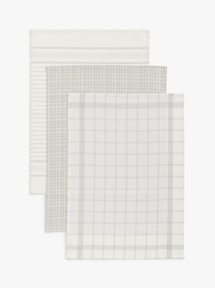 John Lewis Stripe & Check Tea Towels, Pack of 3, Grey