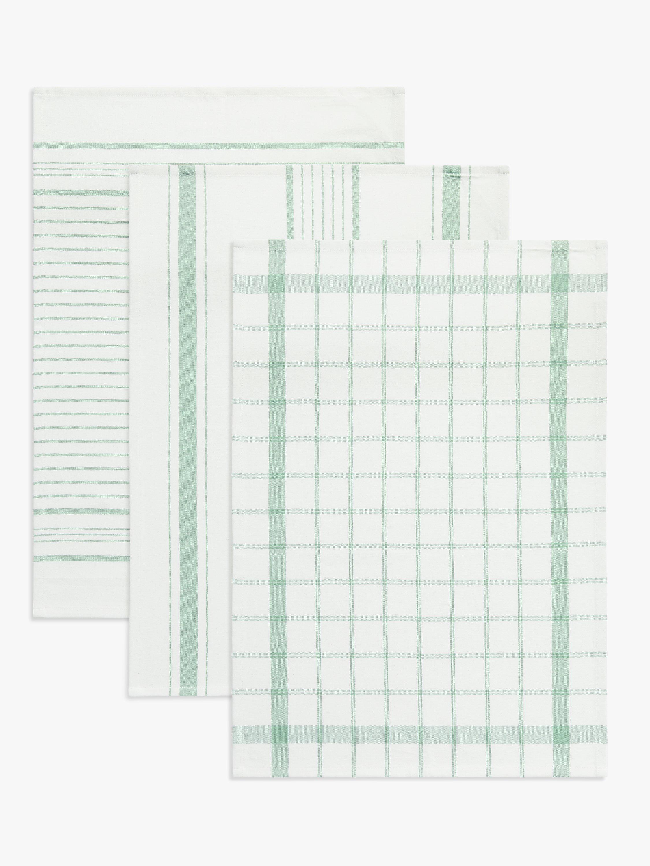 John Lewis ANYDAY Stripe Check Cotton Tea Towels Pack of 3 Dusky Green
