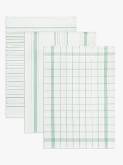 John Lewis Stripe & Check Tea Towels, Pack of 3, Dusky Green