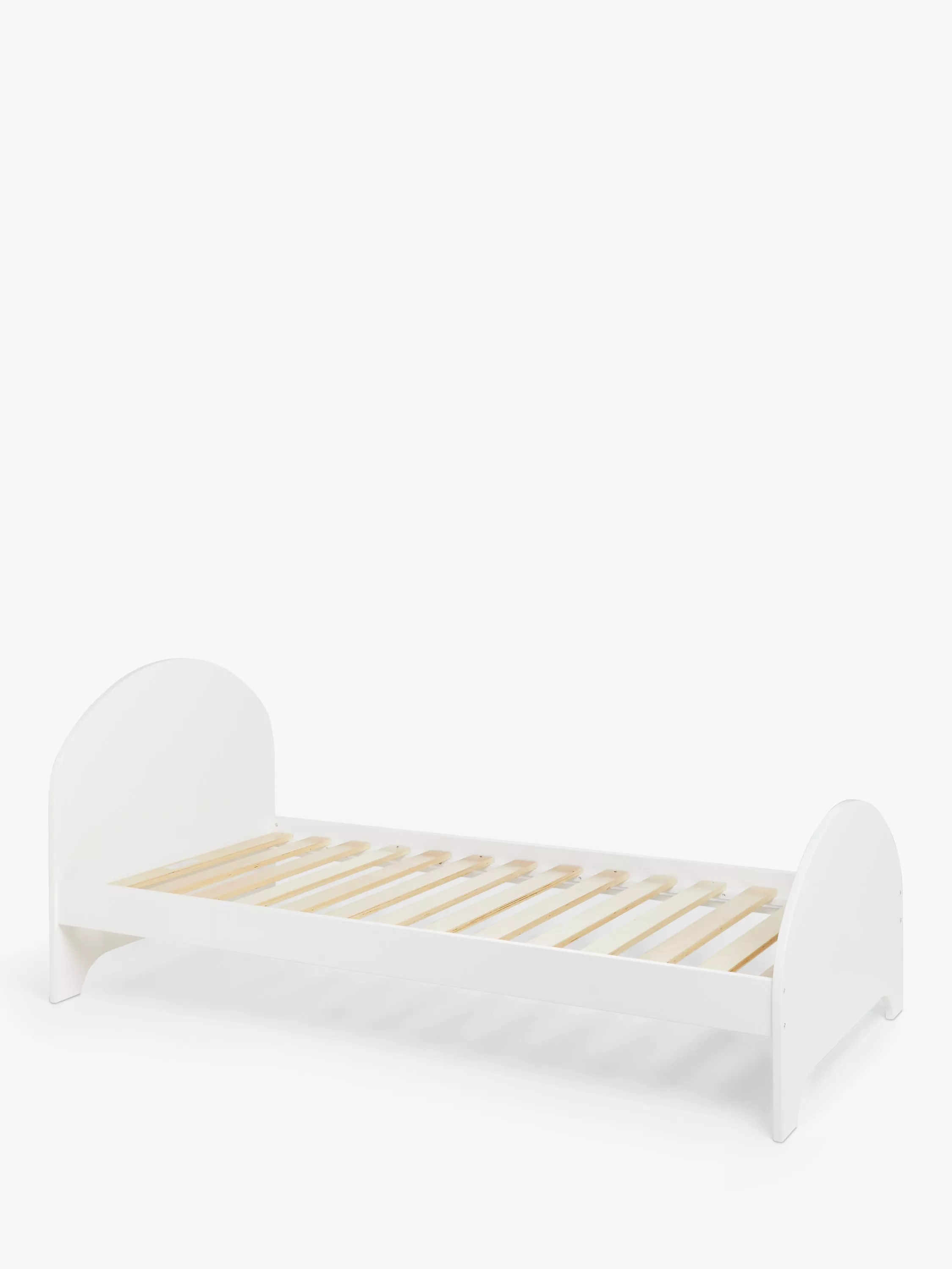 White wooden toddler bed frame with curved headboard and footboard, showing slatted base on white background