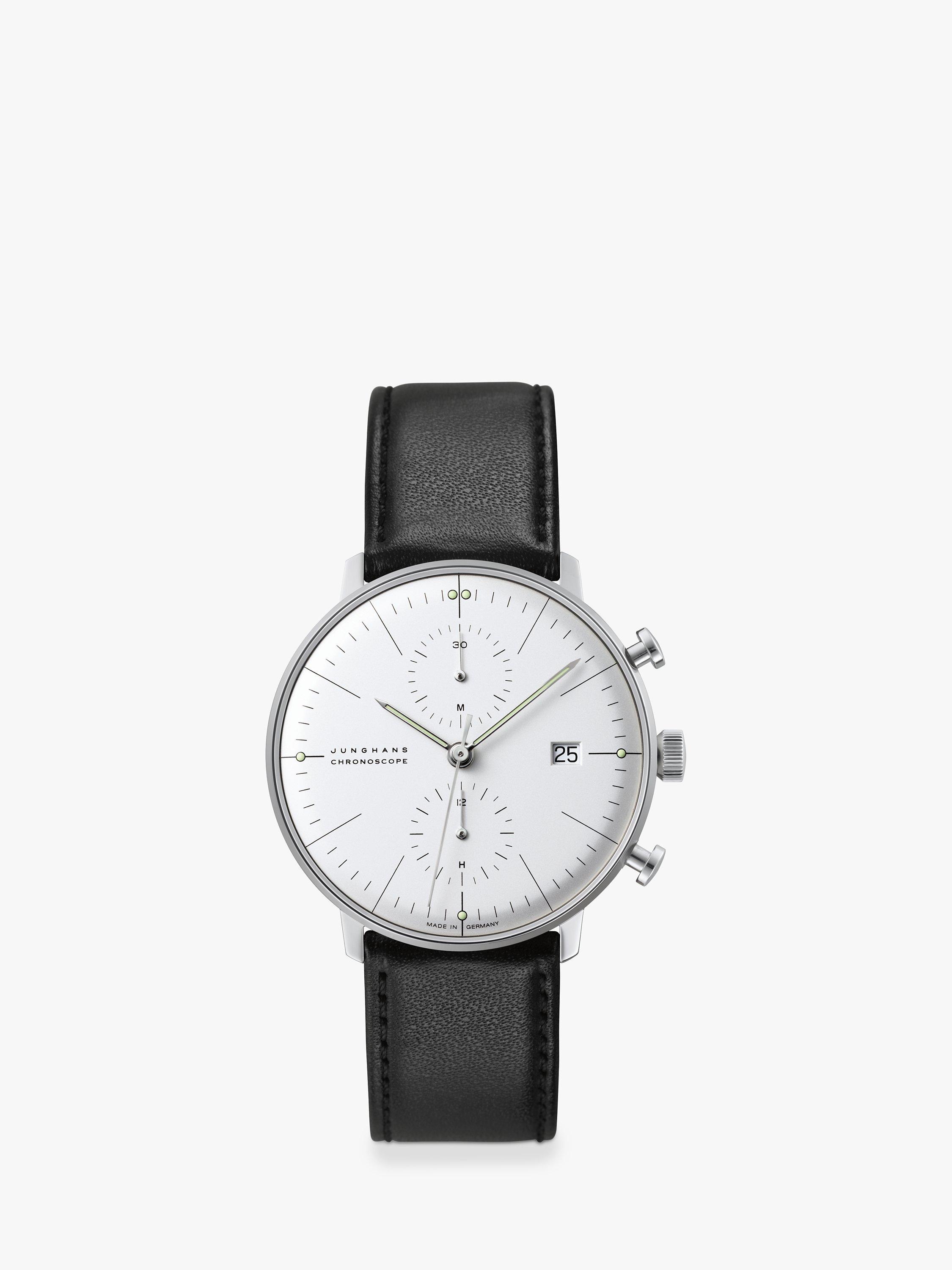 Junghans 27/4600.02 Unisex Max Bill Chronoscope Leather Strap Watch, Black/Cream