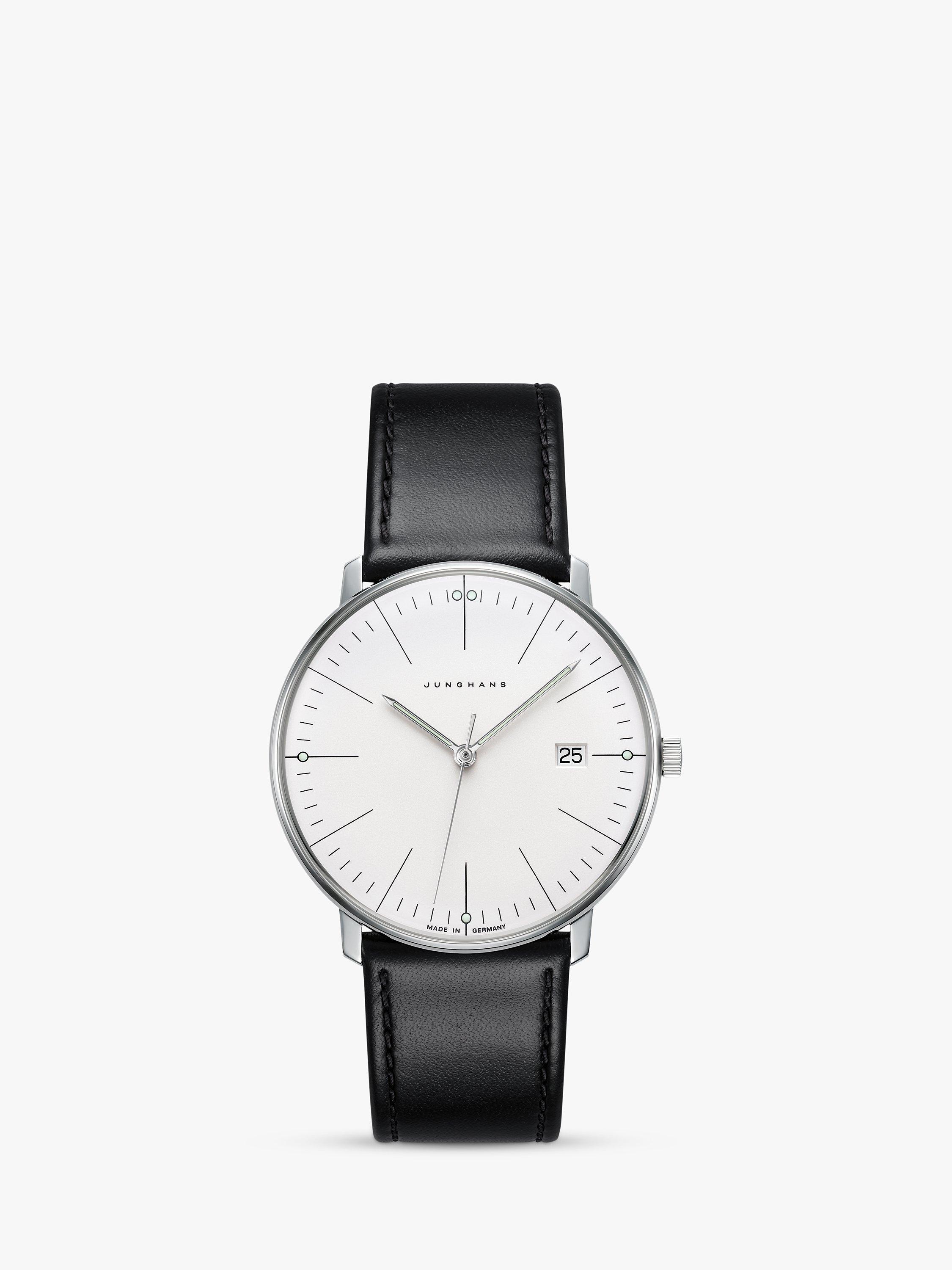 Product image 1 of 1, which shows Junghans 41/4817.02 Unisex Max Bill Date Leather Strap Watch, Black/White