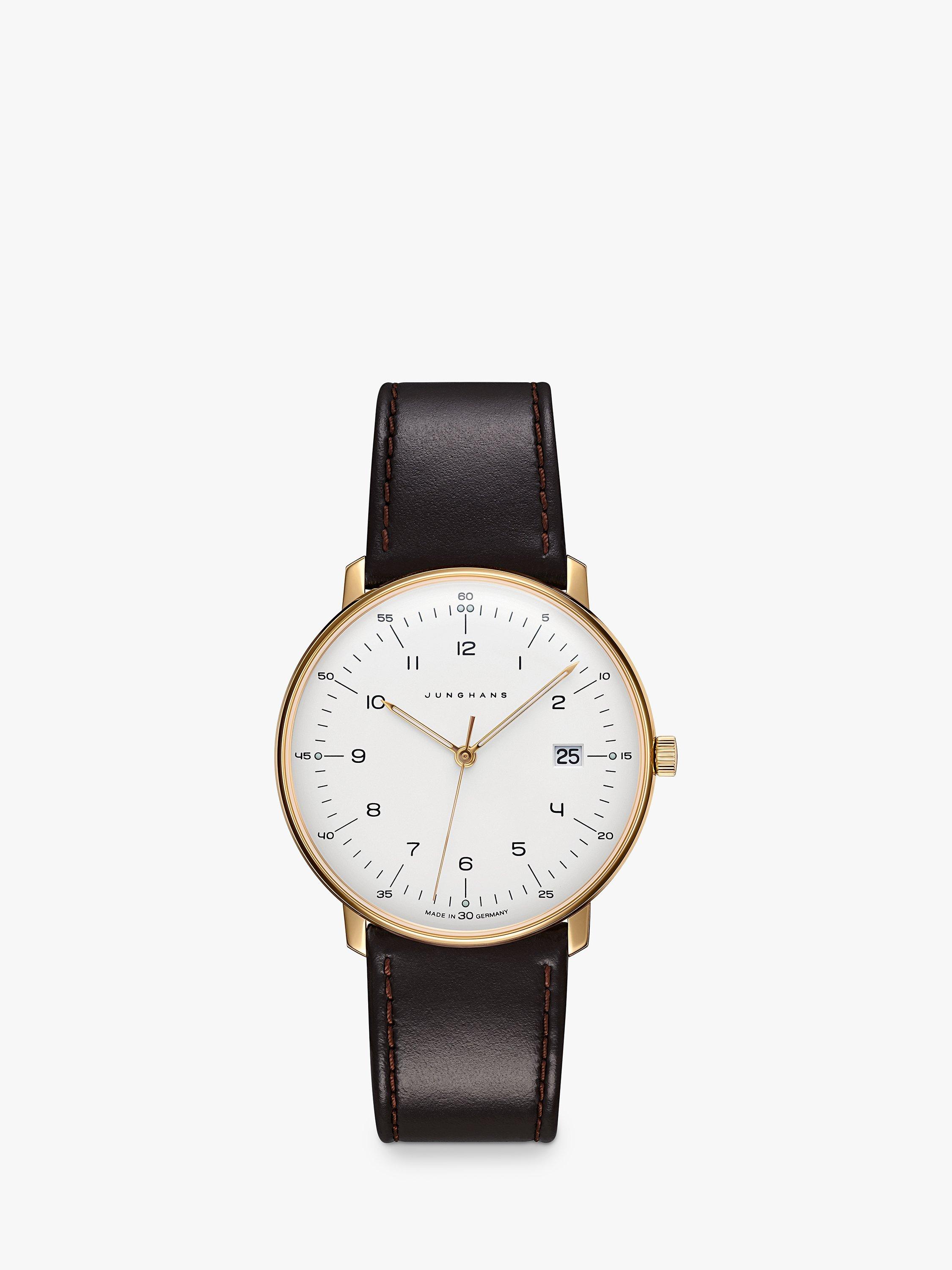 Junghans 41/7872.02 Unisex Max Bill Date Leather Strap Watch, Brown/White