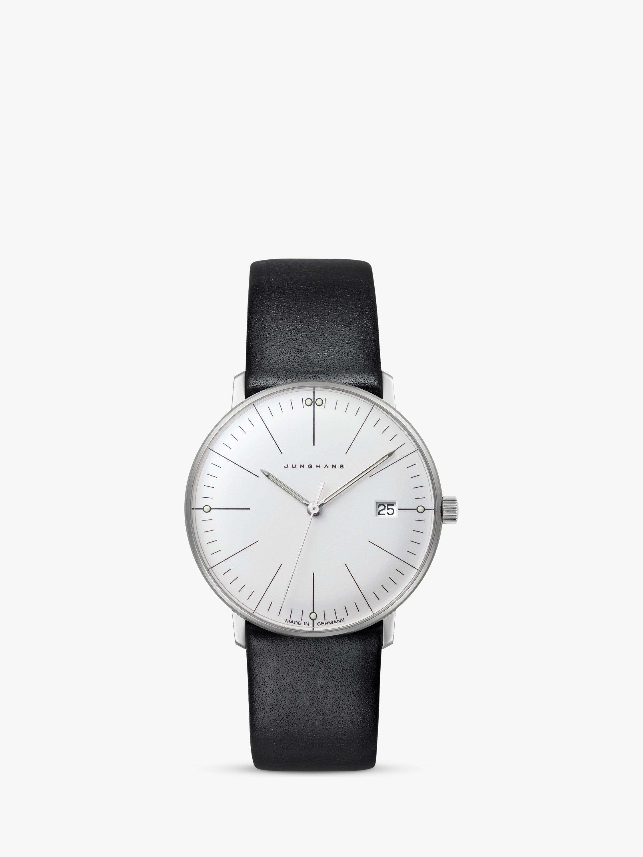 Junghans 47/4251.02 Women's Max Bill Automatic Date Leather Strap Watch, Black/White