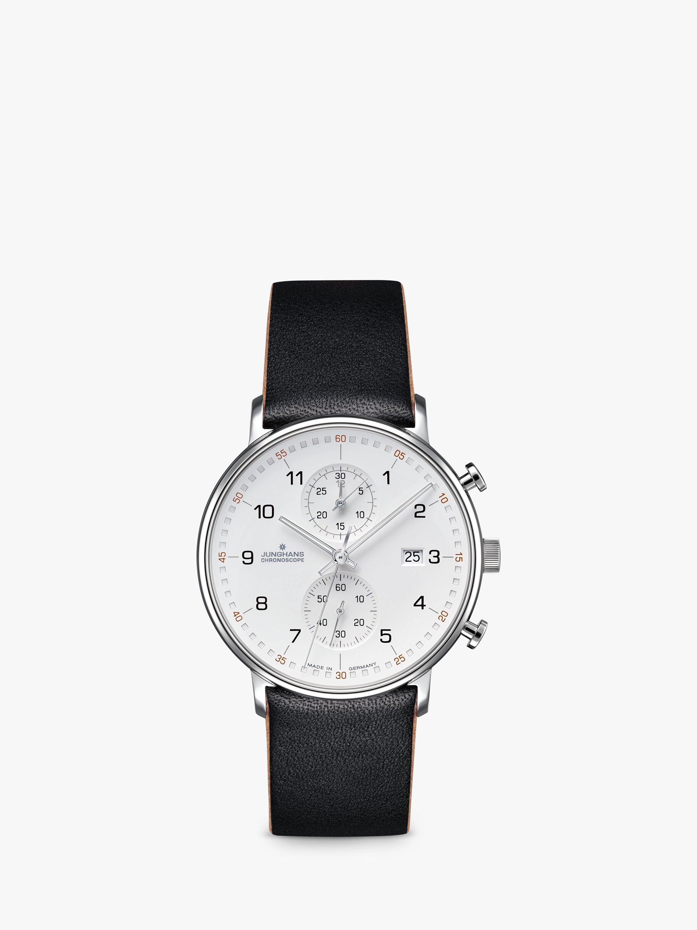 Junghans 041/4771.00 Unisex Form Chronograph Date Leather Strap Watch, Black/White