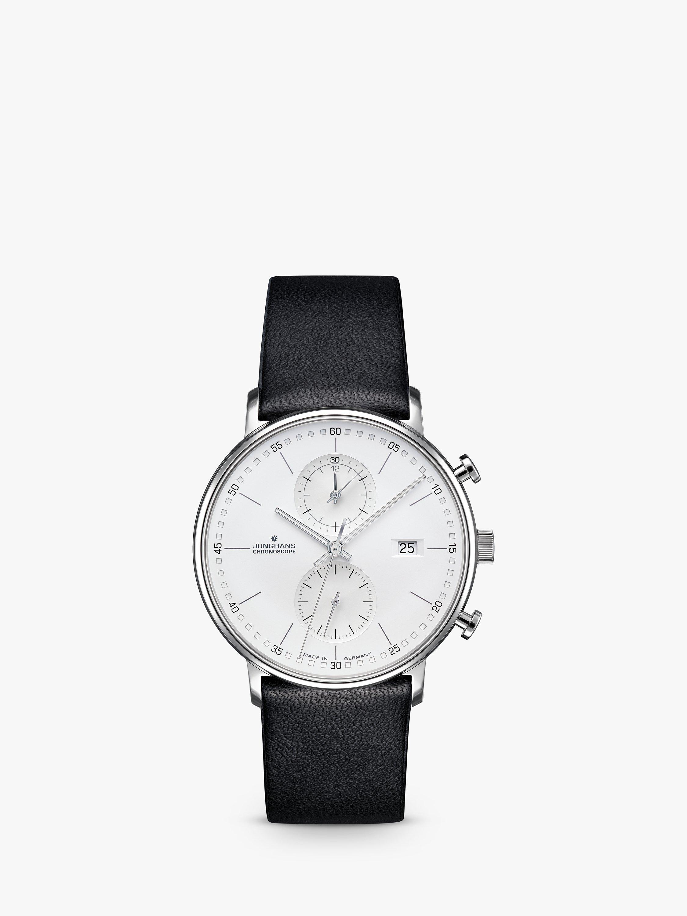 Product image 1 of 1, which shows Junghans 41/4770.00 Unisex Form Chronoscope Leather Strap Watch, Black/Silver