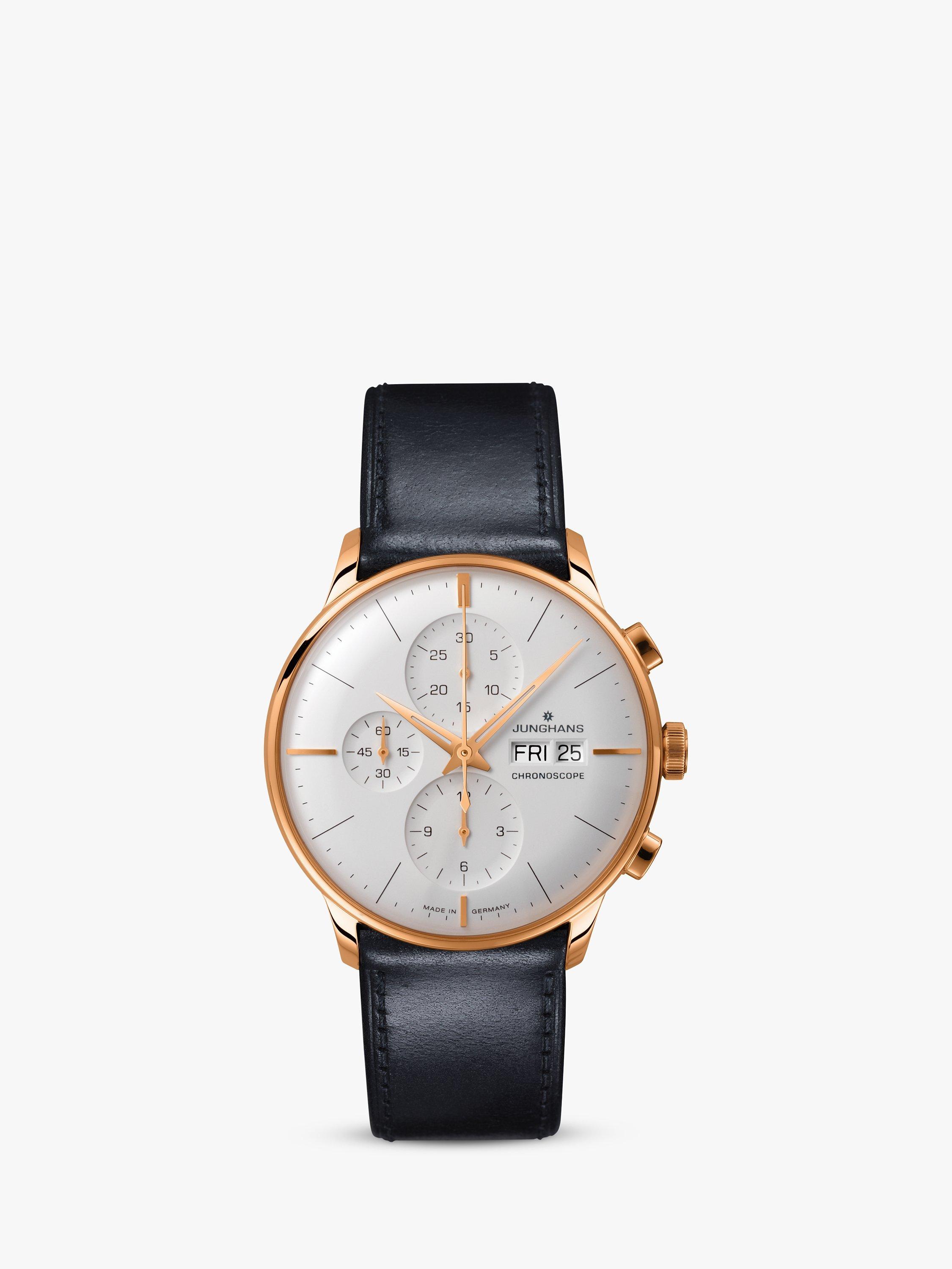 Junghans 27/7023.03 Unisex Meister Chronoscope Date Leather Strap Watch, Black/White