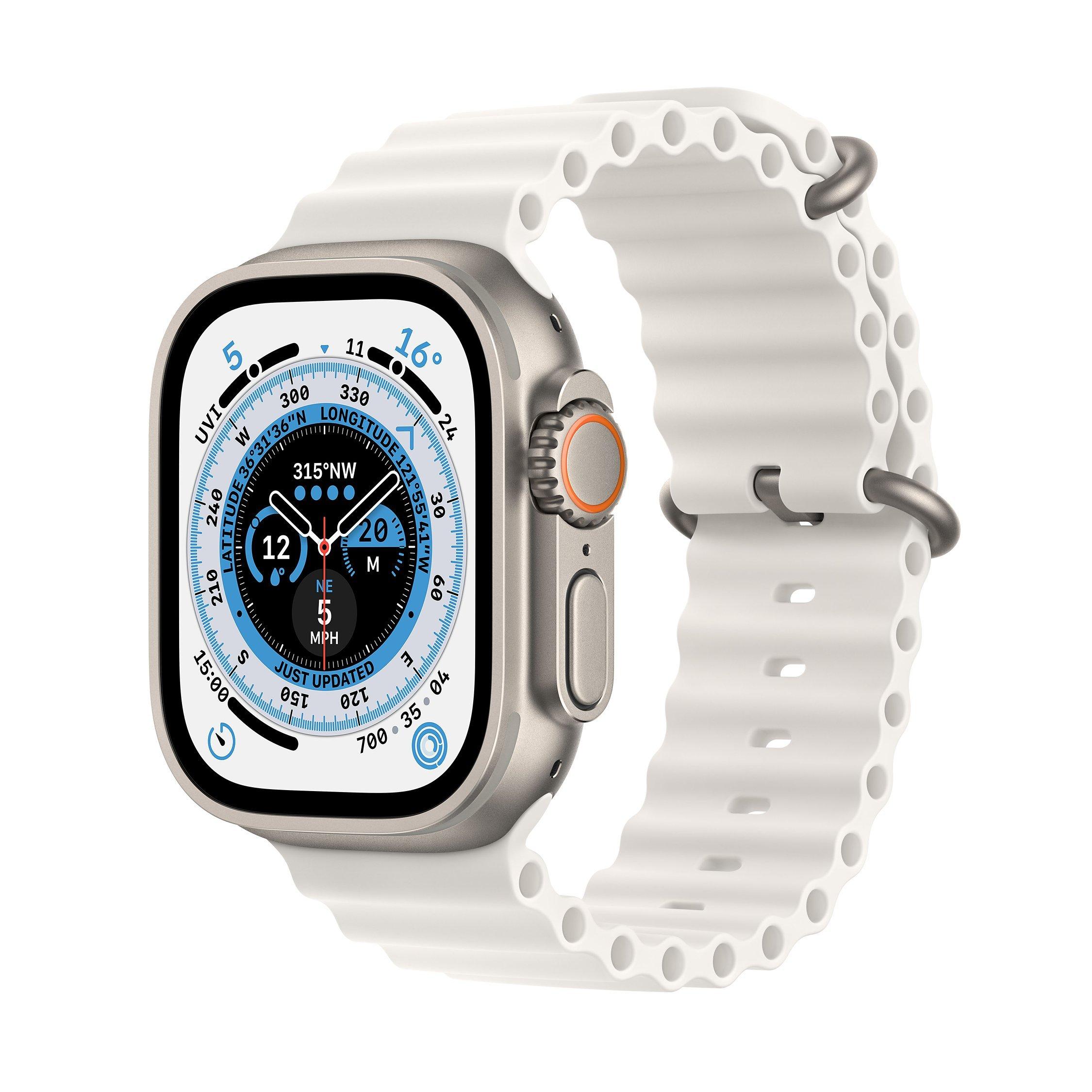 Apple Watch Ultra GPS + Cellular, 49mm Titanium Case with White Ocean Band, One Size