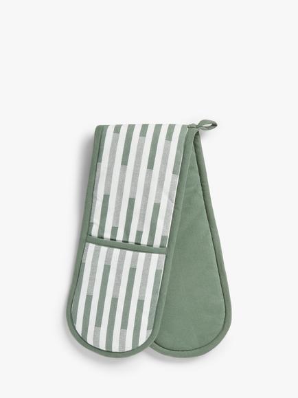 John Lewis Staggered Stripe Double Cotton Oven Glove, Rosemary