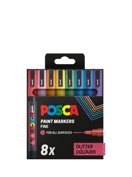 POSCA PC3M Sparkling Ink Coloured Marker Pens, Pack of 8, Multi