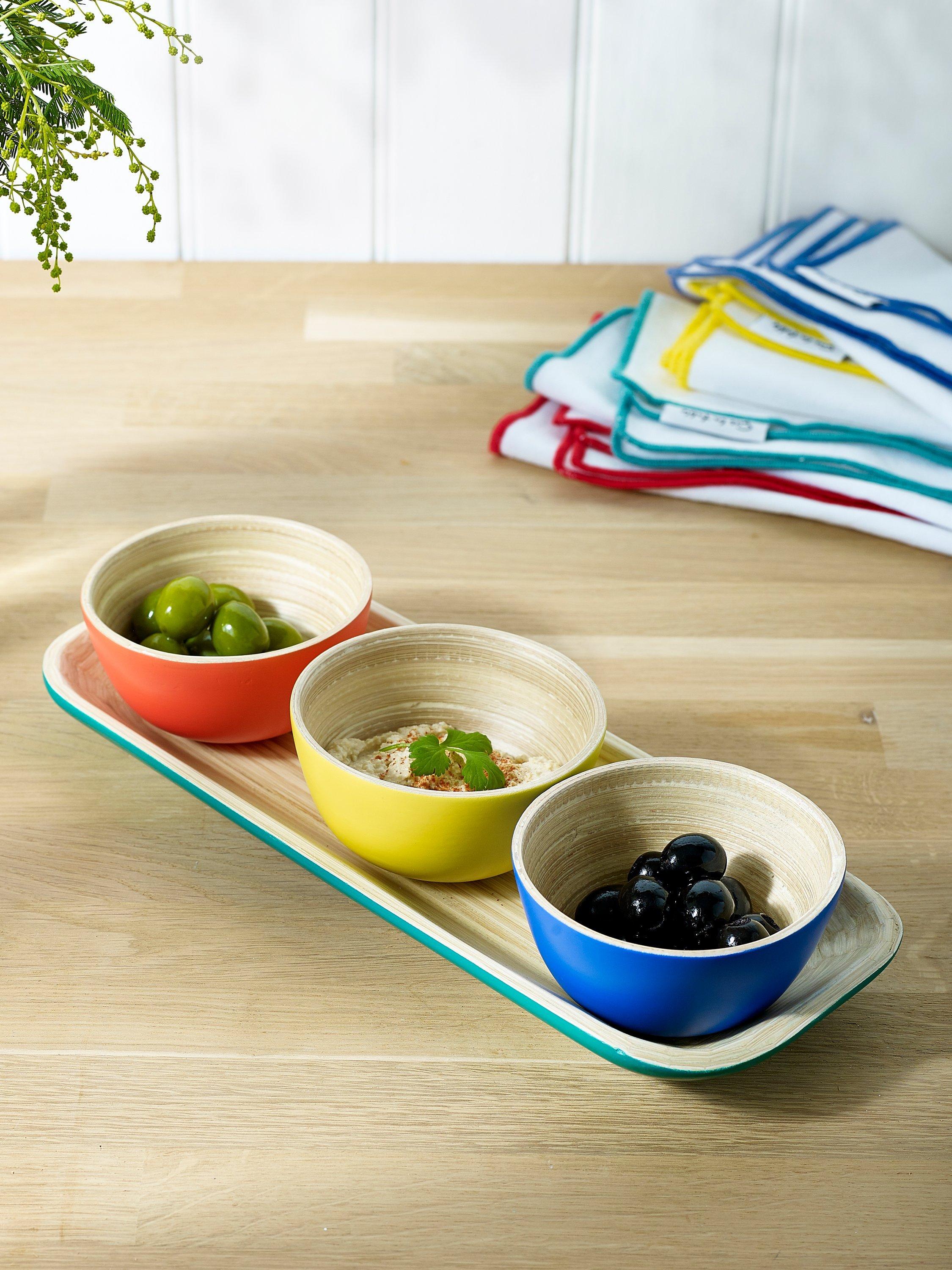 Sur La Table Colour Me Happy Bamboo 3 Nibbles Bowls Tray NaturalMulti