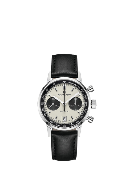 Hamilton H38416711 Men's American Classic Intra-Matic Chronograph Automatic Date Leather Strap Watch, Black/Off White, Black/Off White