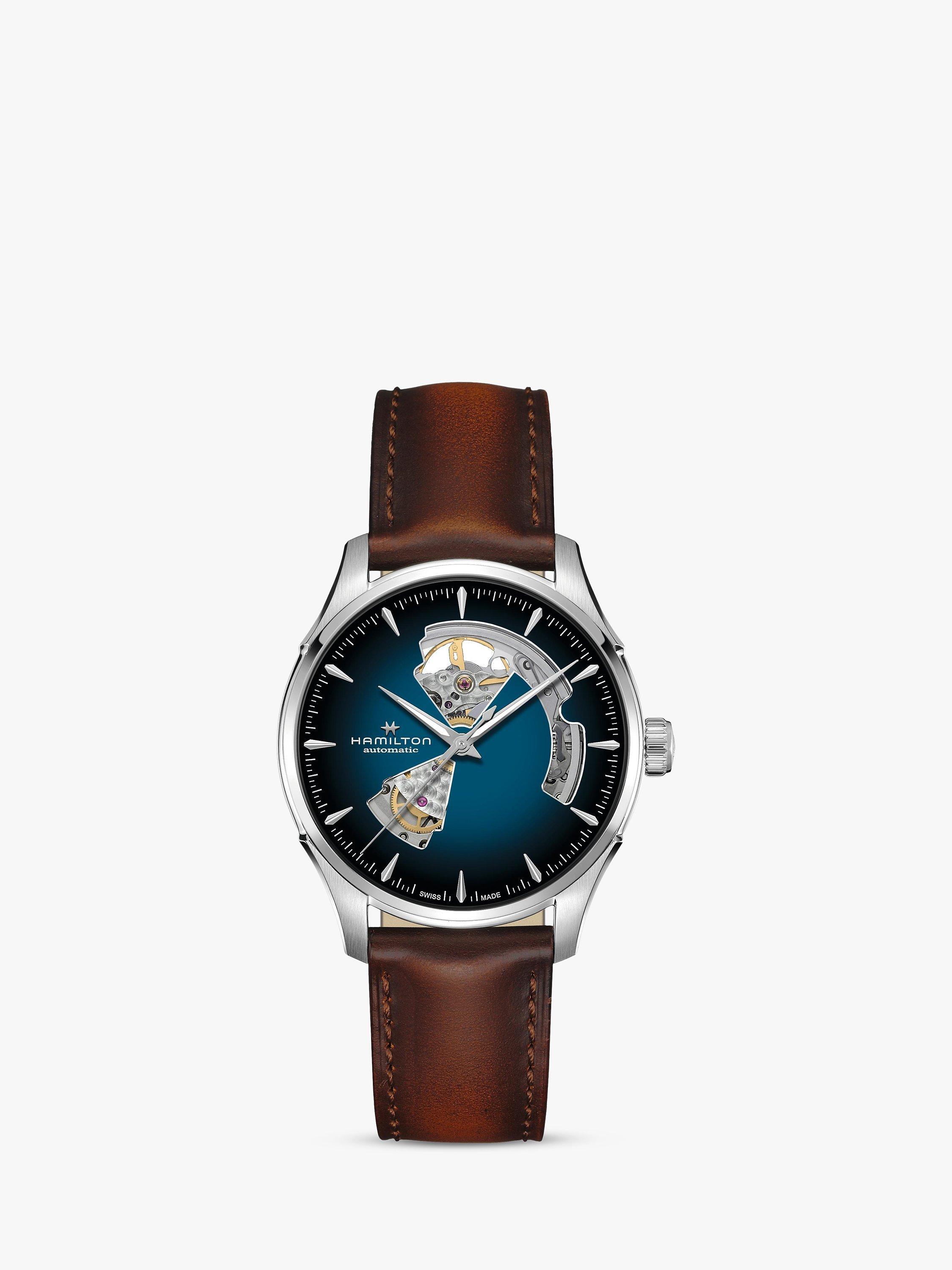 Product image 1 of 4, which shows Hamilton H32675540 Men's Jazz Master Automatic Heartbeat Leather Strap Watch, Brown/Blue