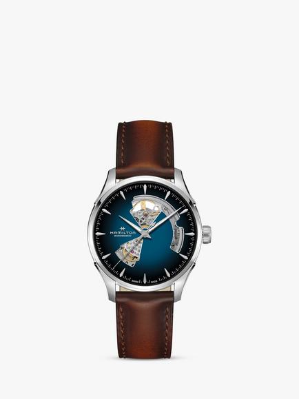 Hamilton H32675540 Men's Jazz Master Automatic Heartbeat Leather Strap Watch, Brown/Blue, Brown/Blue