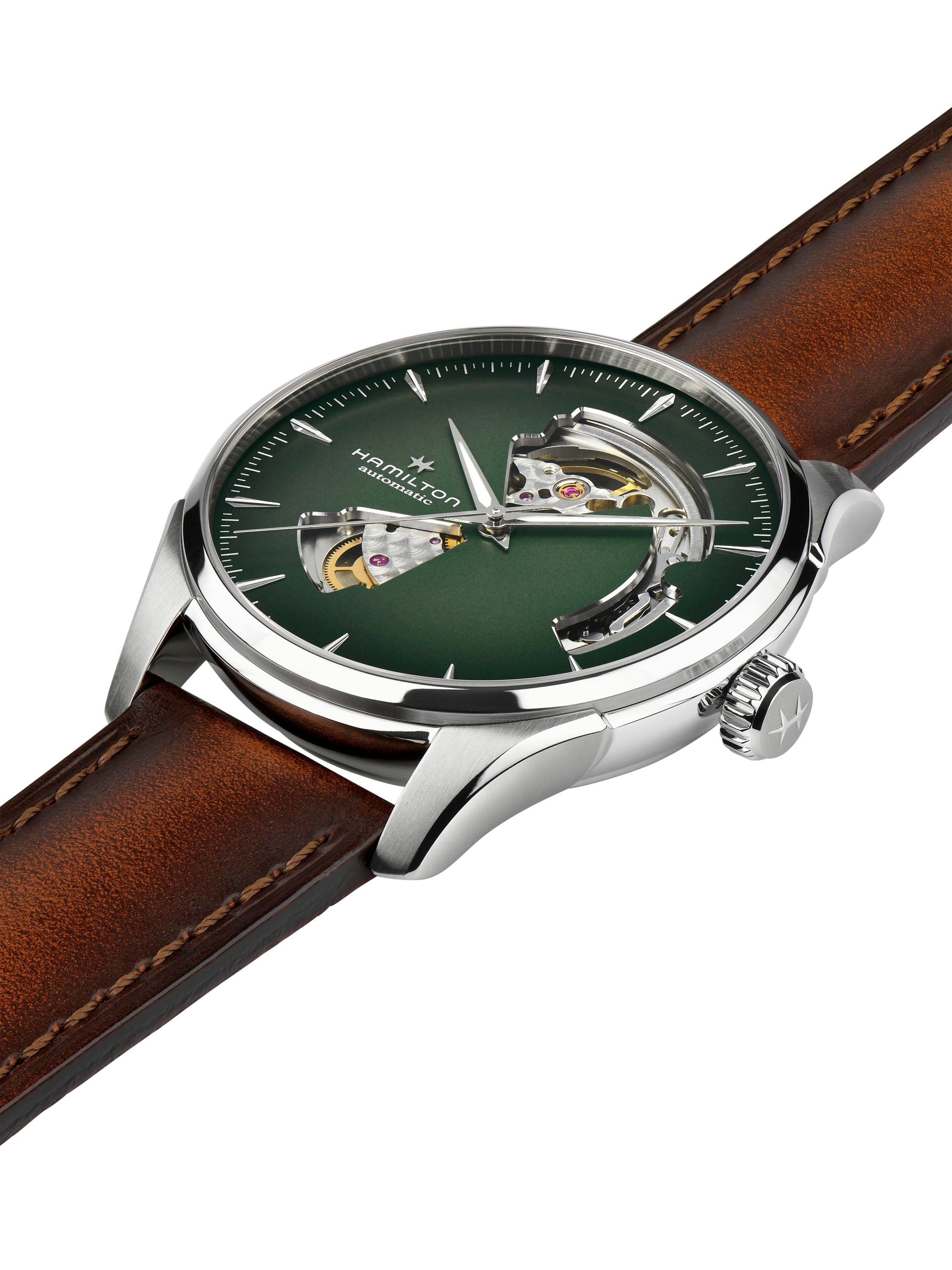Product image 3 of 4, which shows Hamilton H32675560 Men's Jazz Master Automatic Heartbeat Leather Strap Watch, Brown/Green