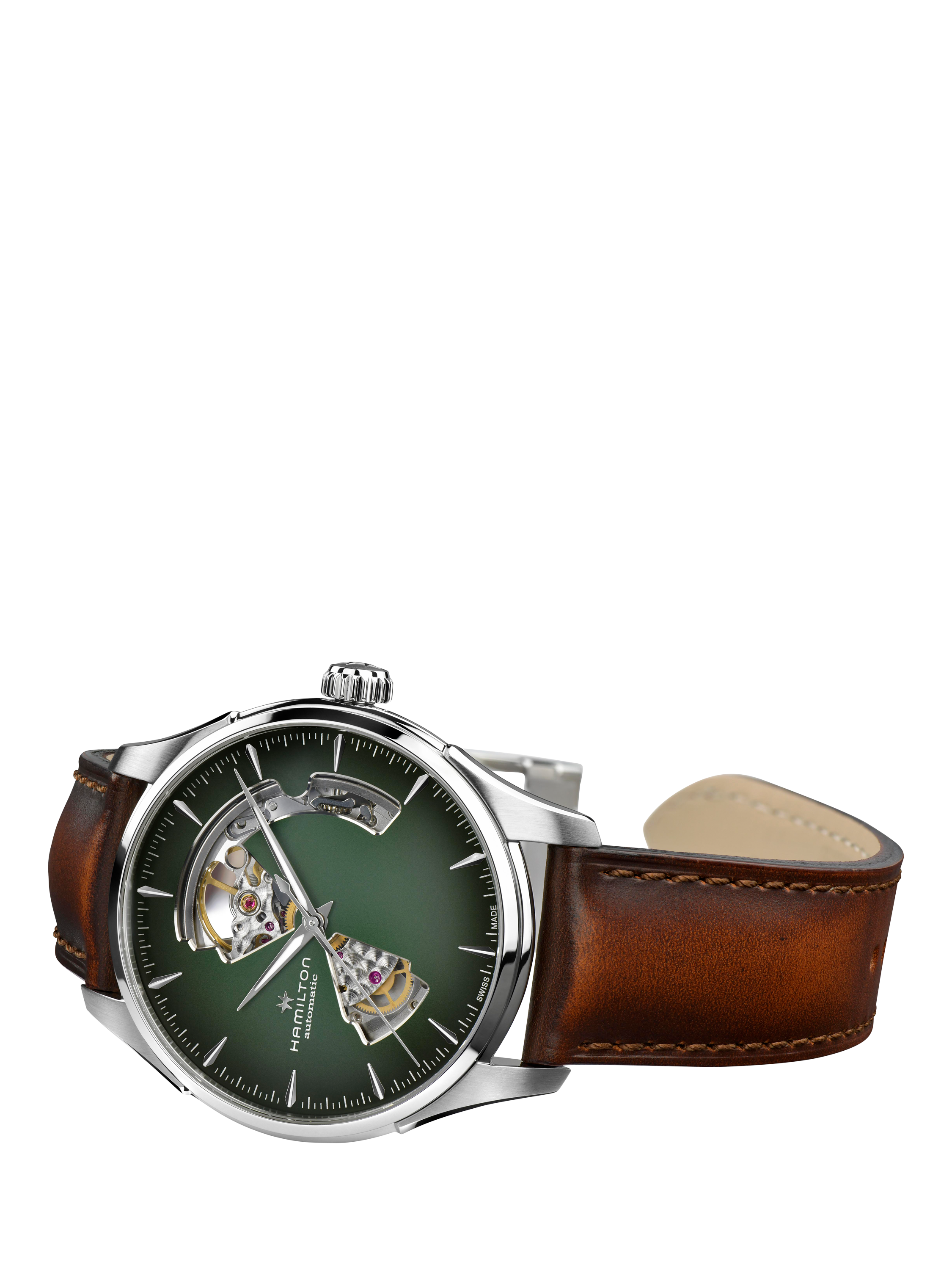 Product image 4 of 4, which shows Hamilton H32675560 Men's Jazz Master Automatic Heartbeat Leather Strap Watch, Brown/Green