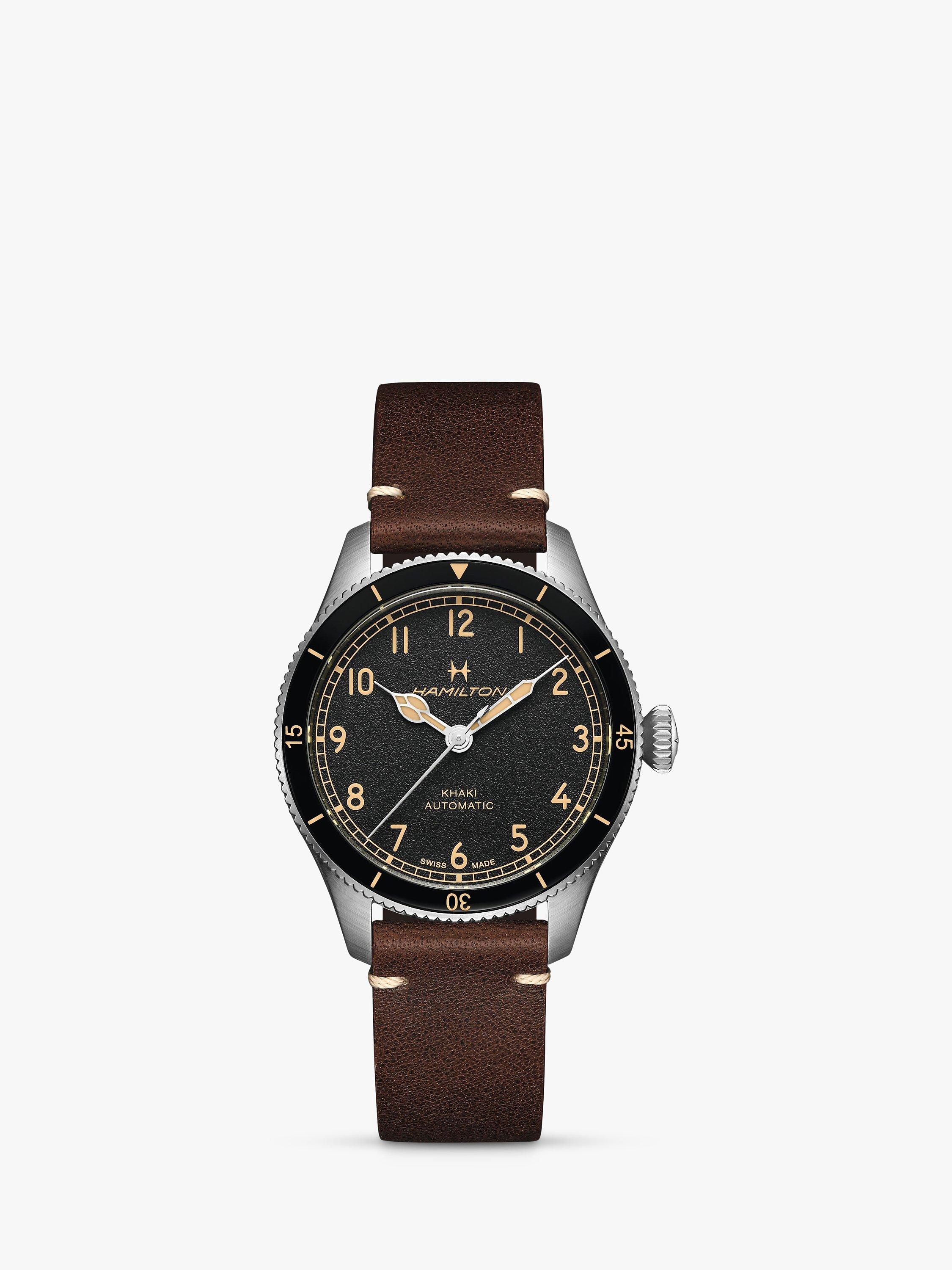 Hamilton H76205530 Men's Khaki Aviation Pilot Pioneer Automatic Leather Strap Watch, Brown/Black