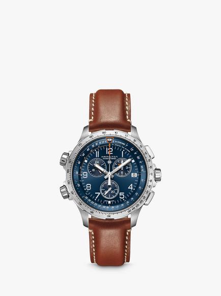 Hamilton H77922541 Men's Khaki Aviation X-Wind GMT Chronograph Date Leather Strap Watch, Brown/Blue, Brown/Blue