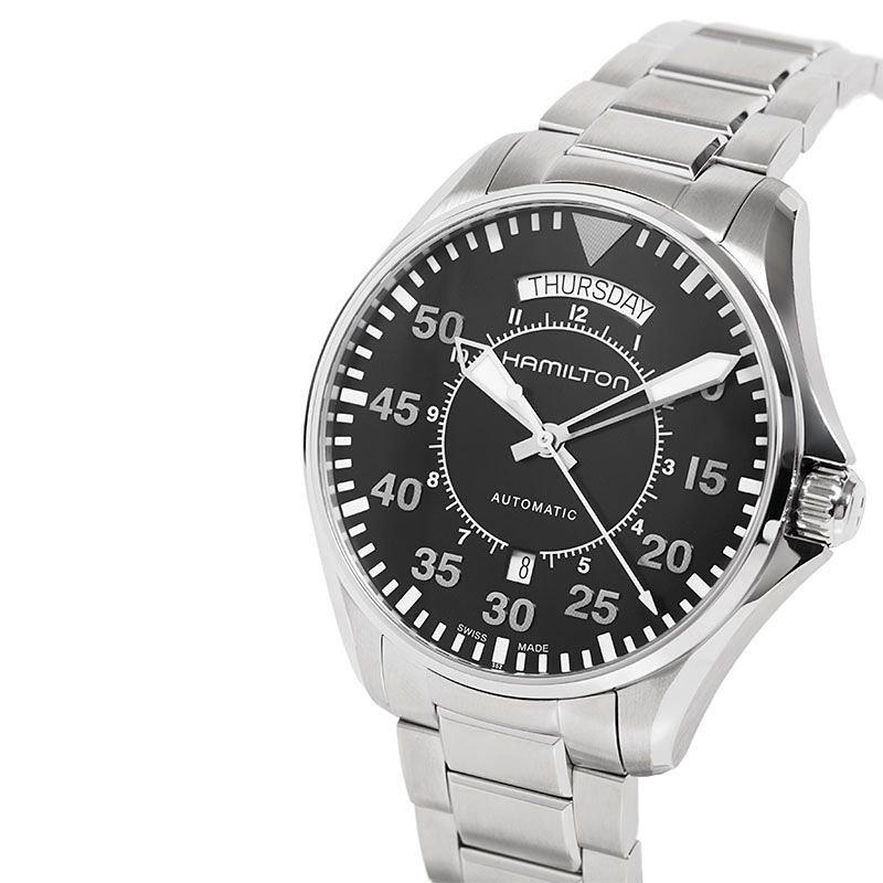 Product image 3 of 6, which shows Hamilton H64615135 Men's Khaki Aviation Pilot Day Date Automatic Bracelet Strap Watch, Silver/Black