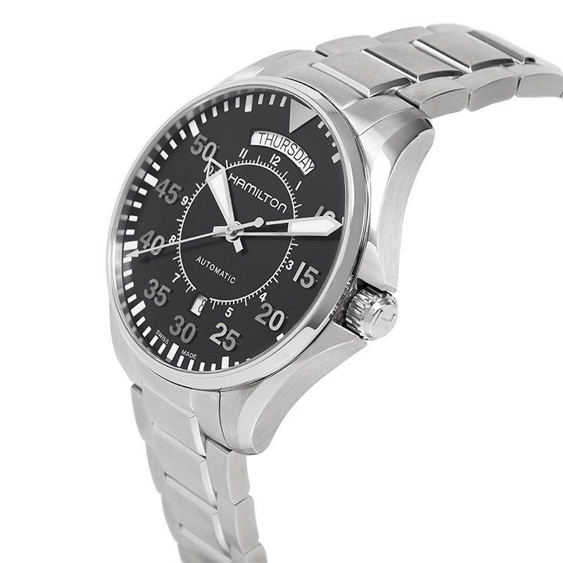 Product image 4 of 6, which shows Hamilton H64615135 Men's Khaki Aviation Pilot Day Date Automatic Bracelet Strap Watch, Silver/Black