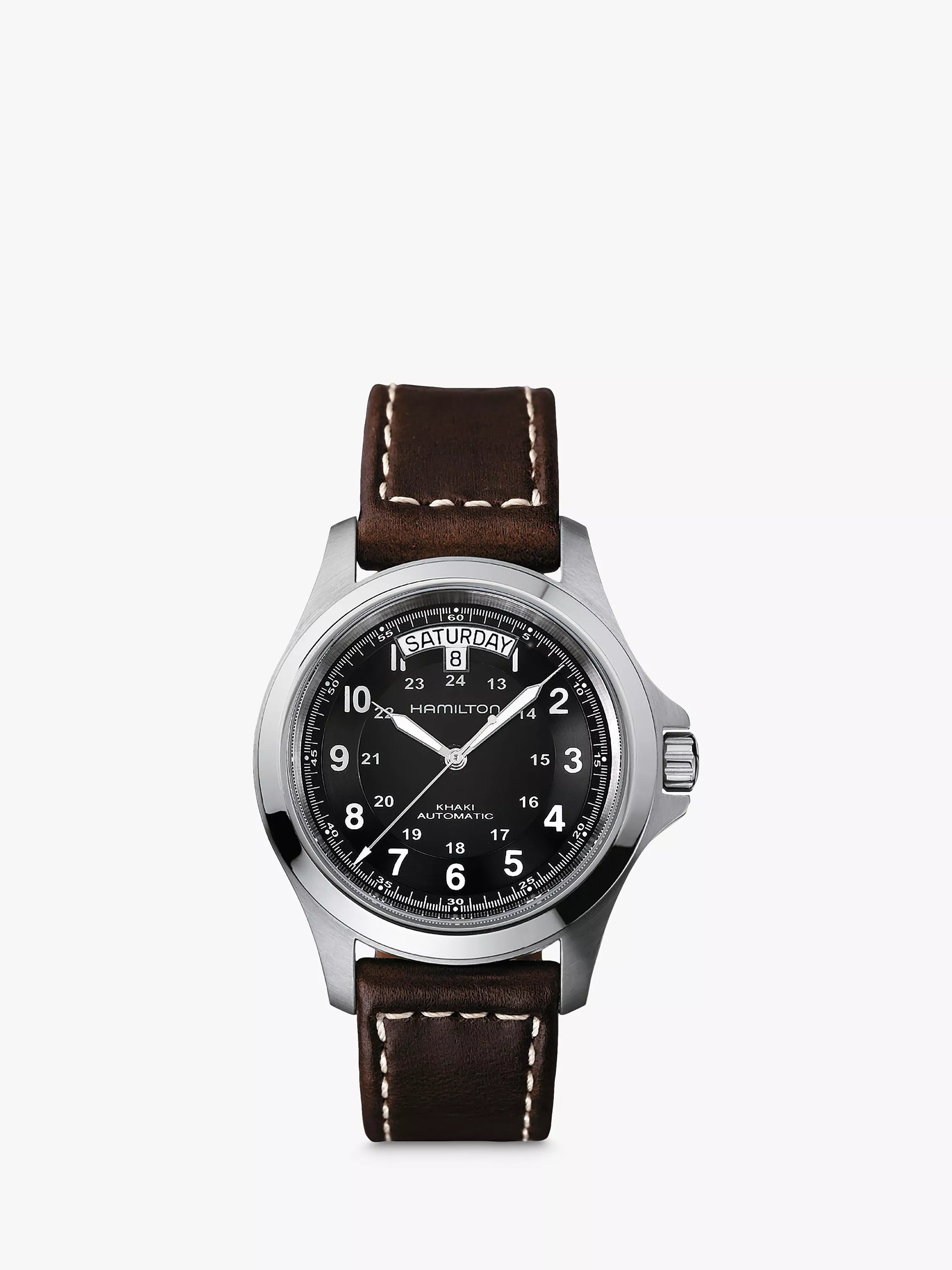 Hamilton H64455533 Men s Khaki Field King Automatic Day Date Leather Strap Watch Brown Black