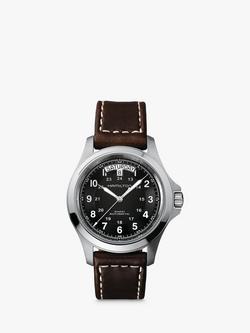 Hamilton H64455533 Men's Khaki Field King Automatic Day Date Leather Strap Watch, Brown/Black, Brown/Black