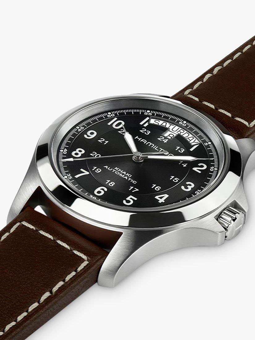 Hamilton H64455533 Men s Khaki Field King Automatic Day Date Leather Strap Watch Brown Black