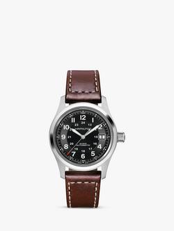 Hamilton H70455533 Men's Khaki Field Automatic Date Leather Strap Watch, Brown/Black, Brown/Black
