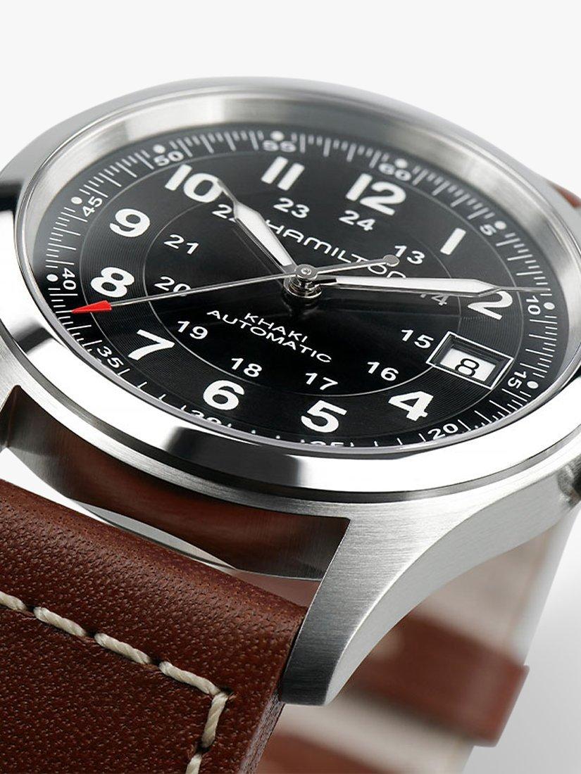 Product image 2 of 3, which shows Hamilton H70455533 Men's Khaki Field Automatic Date Leather Strap Watch, Brown/Black