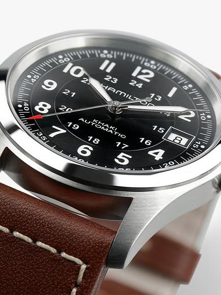 Hamilton H70455533 Men's Khaki Field Automatic Date Leather Strap Watch, Brown/Black - view 2, Brown/Black