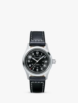 Hamilton H70455733 Men's Khaki Field Automatic Date Leather Strap Watch, Black, Black