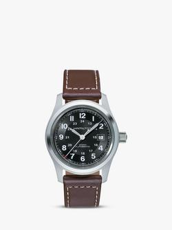 Hamilton H70555533 Men's Khaki Field Automatic Date Leather Strap Watch, Dark Brown/Black, Dark Brown/Black