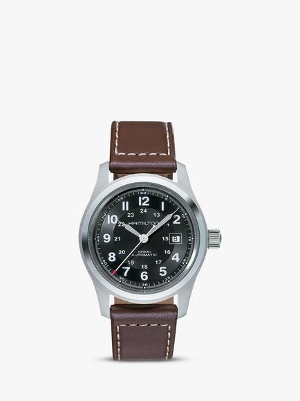 Hamilton H70555533 Men's Khaki Field Automatic Date Leather Strap Watch, Dark Brown/Black, Dark Brown/Black