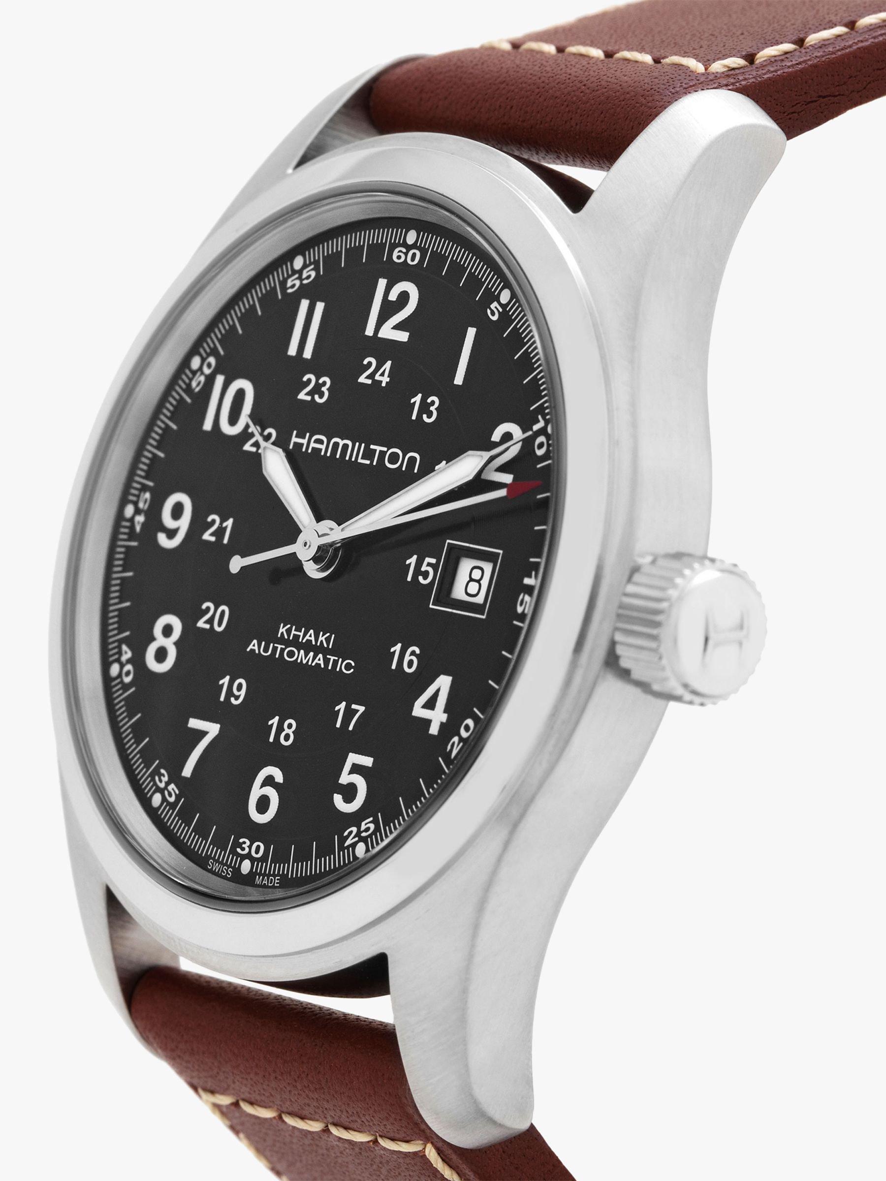 Product image 3 of 8, which shows Hamilton H70555533 Men's Khaki Field Automatic Date Leather Strap Watch, Dark Brown/Black