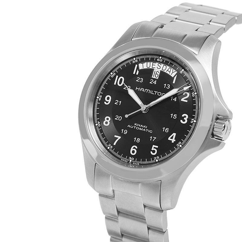 Product image 4 of 6, which shows Hamilton H64455133 Men's Khaki Field King Automatic Day Date Bracelet Strap Watch, Silver/Black