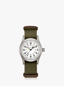 Hamilton H69439411 Men's Khaki Field Mechanical Nato Fabric Strap Watch, Green/White, Green/White
