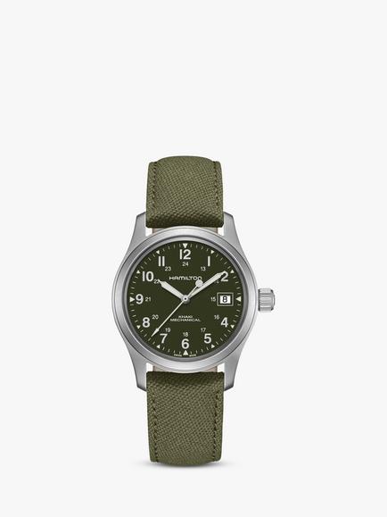 Hamilton H69419363 Men's Khaki Field Officer Handwinding Date Fabric Strap Watch, Khaki Green, Khaki Green