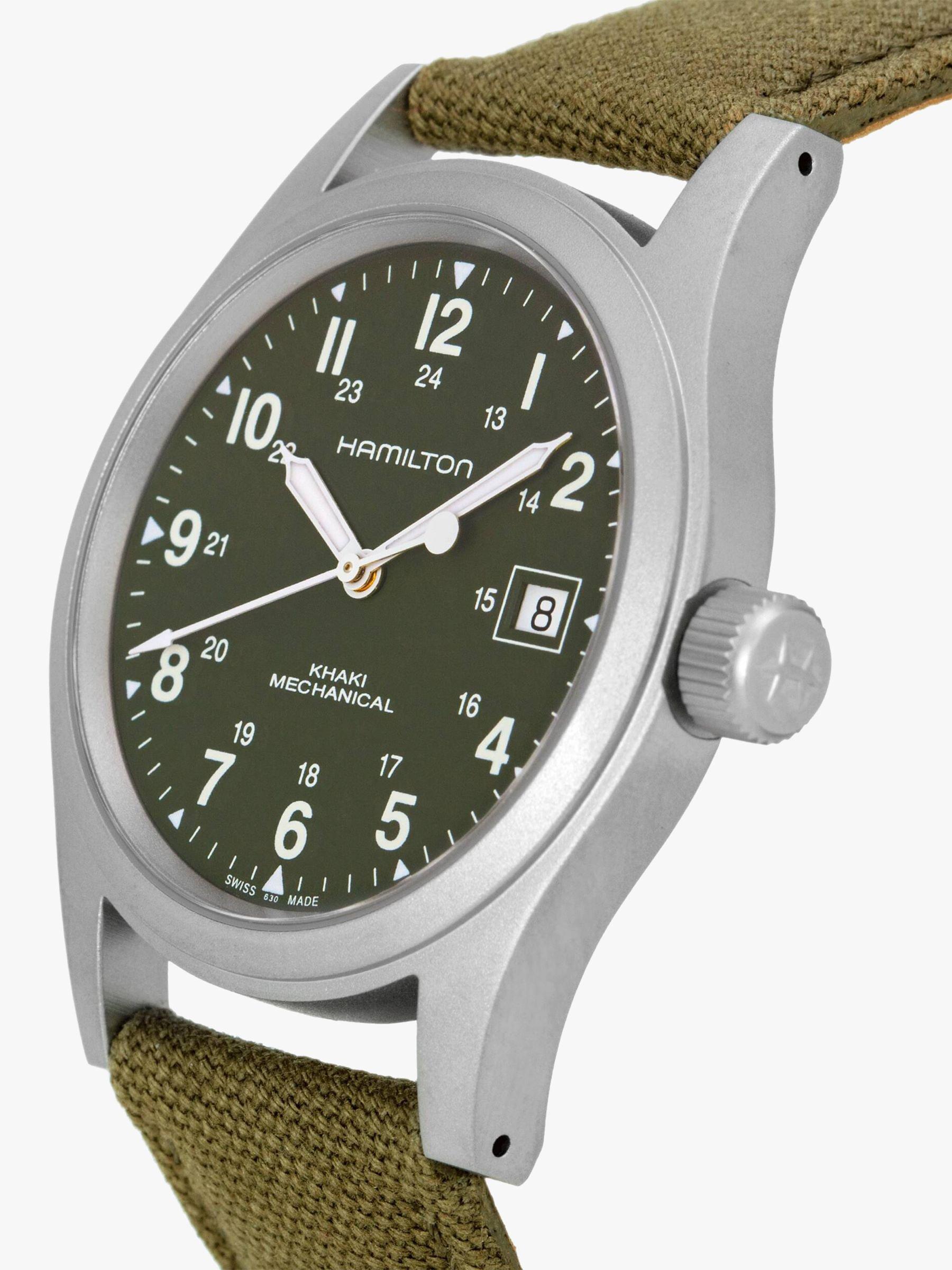 Product image 3 of 7, which shows Hamilton H69419363 Men's Khaki Field Officer Handwinding Date Fabric Strap Watch, Khaki Green