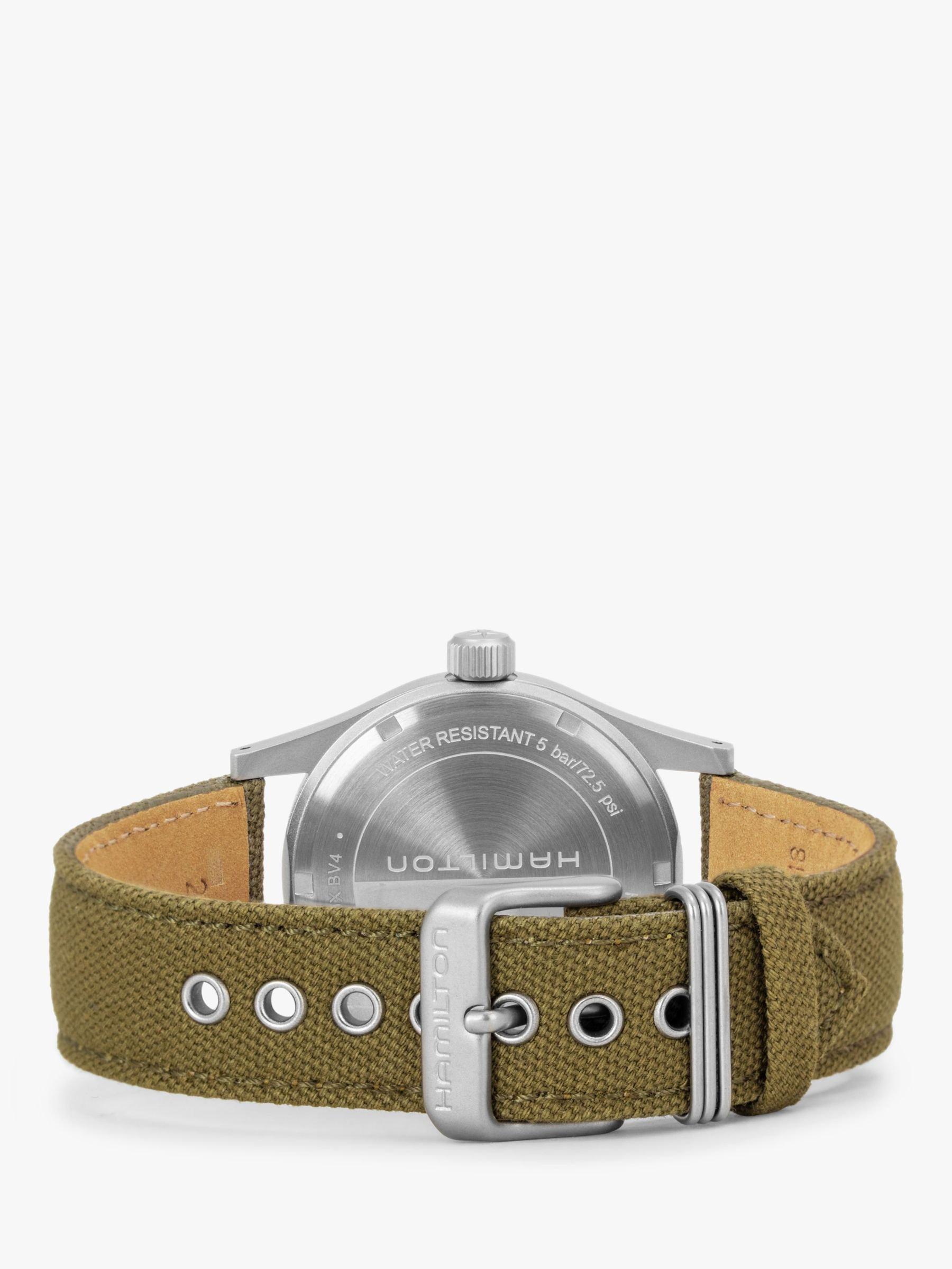 Product image 5 of 7, which shows Hamilton H69419363 Men's Khaki Field Officer Handwinding Date Fabric Strap Watch, Khaki Green