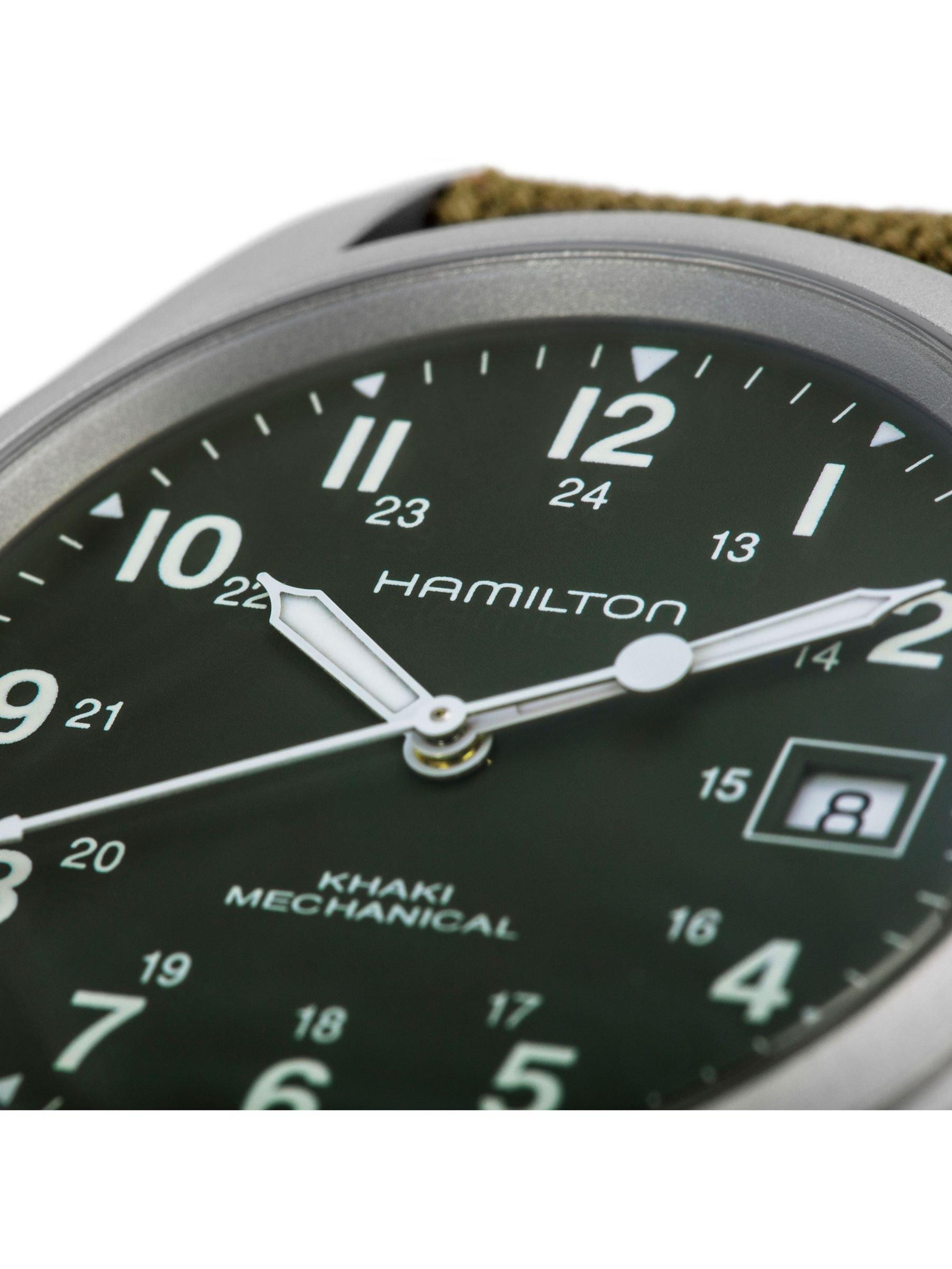 Product image 6 of 7, which shows Hamilton H69419363 Men's Khaki Field Officer Handwinding Date Fabric Strap Watch, Khaki Green