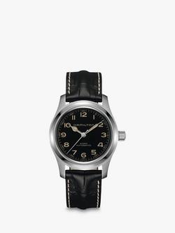 Hamilton H70605731 Men's Khaki Field Automatic Leather Strap Watch, Black, Black