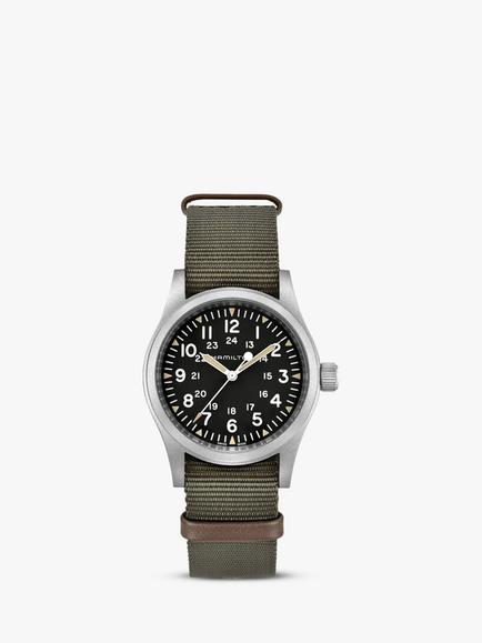 Hamilton H69439931 Men's Khaki Field Mechanical Date Nato Fabric Strap Watch, Green/Black, Green/Black