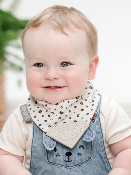 Cheeky Chompers Neckerchew Baby Teething Dribble Bib, Leopard Spot - view 2, Off White/Black