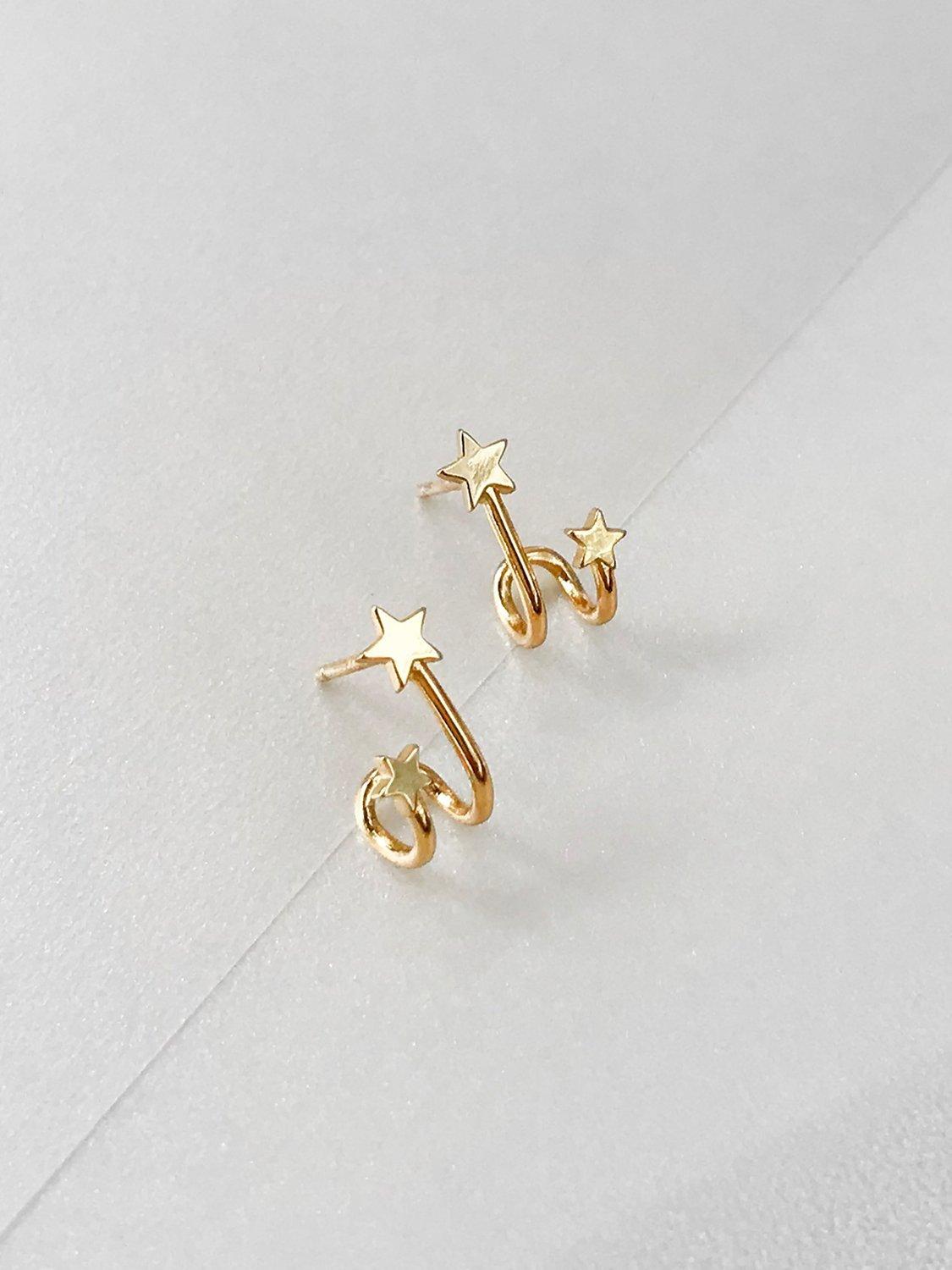 Product image 4 of 4, which shows Wanderlust + Co In The Stars Huggie Hoop Ear Cuffs, Gold