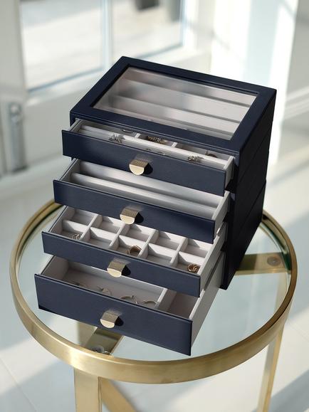 Stackers Glass Lid 4 Drawer Jewellery Box - view 2, Navy